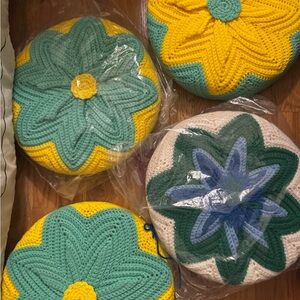 Handcrafted Floral Crochet Cushions - 1970s groovy Yellow, Green, Blue pillows